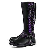 Dream Apparel Women's Harness Motorcycle Riding Boots for Biker, Square Toe Lace Up Knee High Boots with Side Zipper, Black PU Leather Footwear Ladies, Size 8