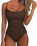 SUUKSESS Women Sexy One Piece Tummy Control Swimsuit Scoop Neck Slimming Swimwear 2025 Crisscross Backless Bathing Suit(Brown,Medium)