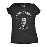Crazy Dog Women's T Shirt When It Rains, It Poes Funny Edgar Allan Poe Literary Pun Joke Funny Book Theme Poetry Goth Shirt Witty Literature Shirt Gothic Graphic Novelty Tee (Heather Black) - L