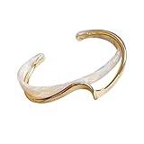 LINHTEVIE Modern Wave Design Cuff Bracelet, Gold-Tone Acrylic Bangle, 2.5 inch, C-Shaped Opening White/Pink Acrylic Bracelets Board Bend Metal Bangles (White)