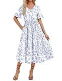 Zeagoo Women Casual Short Sleeve V Neck Summer Dress Bohemian Floral Printed Flowy Midi Dresses Tiered Dress