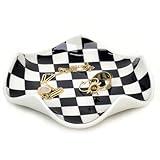 Aesthetic Ring Holder Dish, Cute Small Trinket Dish, Ceramic Jewelry Tray,Modern Checkered Cool Stuff for Girly Room Decor, Vanity Essentials for Teen Girls Women Dorm Room Bedroom Bathroom