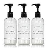 Artanis Home Clear Refillable Shampoo and Conditioner Bottles - Body Wash, Shampoo and Conditioner Dispenser - PET Plastic Shampoo Bottles Refillable with Pump - Waterproof Labels - 16 oz, 3 Pack