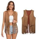 Women's Fringe Vest 60s 70s Hippie Vest Sleeveless Cowgirl Western Faux Suede Tassel Leather Jacket Hippie Party (Light Brown, Medium)