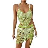 Womens Swimsuit Cover Up 2 Piece Sequin Crochet Set Bikini Coverups Beach Outfits