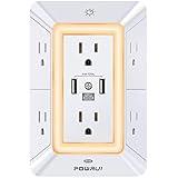Multi Plug Outlet Surge Protector - POWRUI 6 Outlet Extender with 3 USB Ports (1 USB C) and Night Light, 3-Sided Power Strip with Adapter Spaced Outlets - White, ETL Listed