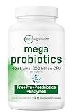 Micro Ingredients Mega Probiotics 200 Billion CFU, 120 Veggie Capsules | 40 Strains with Prebiotics & Probiotics Blend | Synbiotic & Enzyme Complex | Supports Gut & Digestive Health