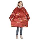 Catalonia Xmas Dachshund Blanket Hoodie for Kids, Oversized Wearable Sherpa Sweatshirt Pullover for 7-16 yr Teens Youth, Kids Gift Idea