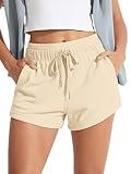 ODODOS Women's Sweat Shorts with Pockets Cotton French Terry Drawstring Summer Workout Casual Lounge Shorts, Beige, Small
