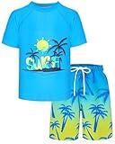 Boys Two Piece Rash Guard and Swim Trunks Outfit Set Kids Short Sleeve Swimsuit