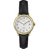 Timex Women's Easy Reader 25mm Watch – Gold-Tone Case White Dial and Date with Black Leather Strap