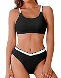 AI'MAGE Women's High Cut Bikini Set 2 Piece Sporty Swimsuit Color Block Bathing Suit with Trim Black M