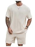 RoseSeek Men's 2 Piece Outfits Textured Drop Shoulder T Shirt and Short Sets Summer Outfits Tracksuit Plus Apricot 3XL