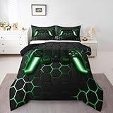 Game Bedding Sets for Boys,Gaming Comforter Set Full,Kids Gamer Duvet Set Neon Lights Gamepad Bed Set for Teen Men Bedroom,Geometry Honeycomb Hexagon Comforter with 2 Pillow Shams,Green Grey