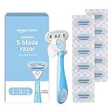 Amazon Basics 5-Blade Razor Handle for Women, Includes 12 Cartridges and Shower Hanger, 14 Piece Set, Blue