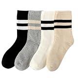 Striped Cotton Crew Socks for Women with Seamless Toe, Cute Casual Women’s Socks, Athletic Running Socks for Sport, Office, Home, School, 4 Pairs, Size 6-9