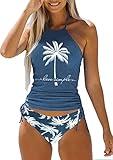Womens Live Simple Coconut Tree Halter Tankini Set Two-Piece Tankini Top Sets Swimwear (L, Blue)