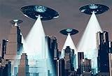 AOFOTO 7x5ft UFO Backdrop Flying Saucer Photography Background Science Fiction Planet Alien Spacecraft Alien Invasion City Kid Boy Child Artistic Portrait Photo Studio Props Video Drop Wallpaper Drape