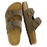 CUSHIONAIRE Lane Cork Footbed Sandals for Women – Comfortable Double Buckle Slip-On with Genuine Suede Footbed & Arch Support Slides for Women Footwear, BROWN 11