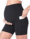 POSHDIVAH Women's Maternity Yoga Shorts Over The Belly Bump Summer Workout Running Active Short Pants with Pockets Black 5" X-Large