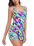 Ocean Blues Women's Neon Striped Athletic Boyshorts One Piece Bathing Suit with Contrasting Panels Swimsuits Built-in Bra Active Swimwear Size Large