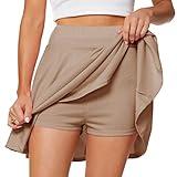 Afibi Women's Casual Basic Versatile Flared Pleated Mini Skater Skirt with Shorts (X-Large, Khaki)