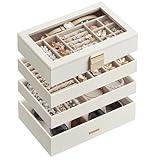 SONGMICS Stackable Jewelry Trays, 4-Tier Jewelry Box, Drawer Jewelry Organizer, with Glass Lid, Removable Dividers, for Vanity Table, 6.7 x 11 x 7.2 Inches, Gift Idea, Cloud White UJBC164W01