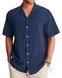 Alimens & Gentle Mens Linen Shirts Short Sleeve Button Down Shirts Cotton Summer Beach Cuban Shirts Vacation Hawaiian Shirts Navy Blue