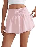 CRZ YOGA Athletic Shorts for Women High Waisted Flowy Ruffle Skirt Overlay for Workout Running Tennis with Zip Pocket Strawberry Pink Medium