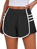 Caracilia Women Running Shorts Flowy Pleated Athletic Shorts Summer High Waisted Tennis Sporty Workout Gym Shorts Black Large