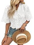 Urchics Womens Summer Blouse Women's V-Neck Tie-Up Embroidered Short Sleeve Blouse in White White S