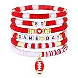 Game Day Bracelets for Women Football Bracelets Red Black Blue Orange Heishi Clay Beaded Stretch Bracelets Stackable Sport Fan Bracelet Bangles Football Mom Accessories Outfits (Red White 6pcs)