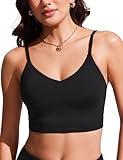 CRZ YOGA Women's Bikini Top Cropped V Neck Adjustable Spaghetti Straps Swimsuit Padded Athletic Bathing Suit Black Large