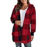 Plaid Fleece Jacket Women Oversized Fuzzy Open Front Hooded Cardigans Soft Warm Winter Sweater Coats Y2k Clothes Jackets for Women Trendy comfy Blanket Hoodie Winter Sherpa Jacket Faux Fur Coat