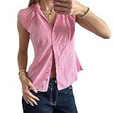 Women Vintage Plaid Shirt Y2k Short Sleeve Button Closure Collared Preppy Tops Slim Fit Coquette Blouse (Pink, S)
