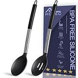 HOTEC 446°F Heat Resistant Large Silicone Cooking Spoon, BPA Free Solid Slotted Spoons, Nonstick Kitchen Cookware Utensils, Mixing, Serving, Stiring Large Spoons, Black