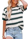 Dokotoo Women's Tops Casual T Shirts for Women Loose Fit Plus Size Short Sleeve Tees Basic Tshirts Summer Workout Tops for Women Color Block Striped Crewneck Fashion T-Shirts Blouse Green Large