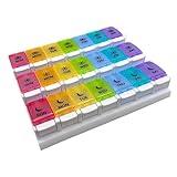 EZY DOSE Weekly (7-Day) Pill Case, Daily Medicine Planner, Vitamin Organizer Container, Large Push Button Compartments, Easy to Use, 3 Times a Day, Spring Open Design, Rainbow Lids, BPA Free