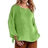 JEUROT Linen Long Sleeve Shirts for Women Plus Size Summer Tops Casual Round Neck Tunic Blouses Loose Fit Tee Shirt Pullover (Green, XXXXL)