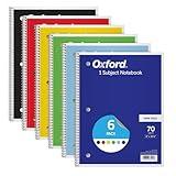 Oxford Spiral Notebook 6 Pack, Bulk Wide Ruled Spiral Notebooks for School, 1 Subject Journal, Wide Ruled Paper, 8 x 10-1/2 Inch, Blue, Yellow, Red, Light Blue, Green and Black, 70 Sheets (65010)