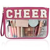 BuyCard Cheer Chenille Letter Bags Clear Makeup Bag, Cheerleader Gifts Cosmetic Bag, Varsity Preppy Patch Flat Pouch Cheer Accessories, Waterproof PVC Organizer Toiletry Bag for Women Girls