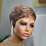 YKHJH Pixie Cut Wig Human Hair For Black Women Short Straight Human Hair Wigs With Bangs Full Machine Made Wigs (Brown)