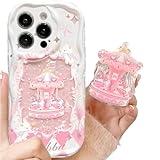 Seconddog Pink Carousel Creative Phone Case for iPhone 13, Cute Funny 3D Wave curl Cartoon Case with Carousel Hold Bracket Stand for Women Girls