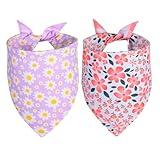 Agroon Summer Dog Bandanas Girl Large 2PCS, Purple Pink Daisy Scarf, Durable Triangle Reversible Spring Bibs Handkerchief for Puppy Pet