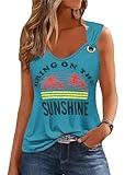 Women's Bring on The Sunshine Hollow Out Sweet Tank Funny Coconut Tree O Ring Shoulder Sleeve Shirt Holiday Graphic Tank Tops(XXL,D-Cyan-1)