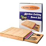 3-in-1 Bamboo Cutting Board Set–4 Pcs Color-Coded Cutting Mats, 6-Knives Set with Drawer–Pre-Oiled Charcuterie Board, Anti-Slip, Dishwasher Safe Kitchen Countertop and Stovetop Board–Premium Gift Set