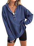 PRETTYGARDEN Womens Fashion 2025 Oversized Long Sleeve Hoodie Button Down V Neck Sweatshirt Side Slit Casual Pullover Tops(Blue,Large)