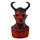 Demon Devil Mask,Scary Devil Mask Demon Mask Realistic Black Horror Minotaur Latex Halloween Costumes for Men (Red)