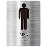 Men Braille Modern Restroom Sign, Stainless Steel ADA Compliant Bathroom, Inclusive Toilet Door for Business Office Home, Brushed Silver