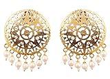 Touchstone Indian Bollywood Fine Filigree Jali Handcrafted White Pearls Bunches Elegantly Stylized Designer Jewelry Earrings in Antique Gold Or White tone for Women.